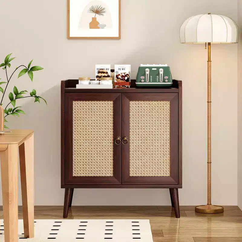 JVNOXK Sideboard Buffet Cabinet with Storage Bar Liquor Cabinet with Rattan Decorated Doors Hallway Walnut