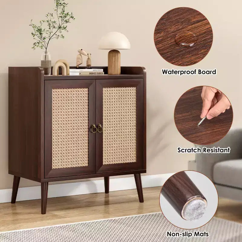 JVNOXK Sideboard Buffet Cabinet with Storage Bar Liquor Cabinet with Rattan Decorated Doors Hallway Walnut