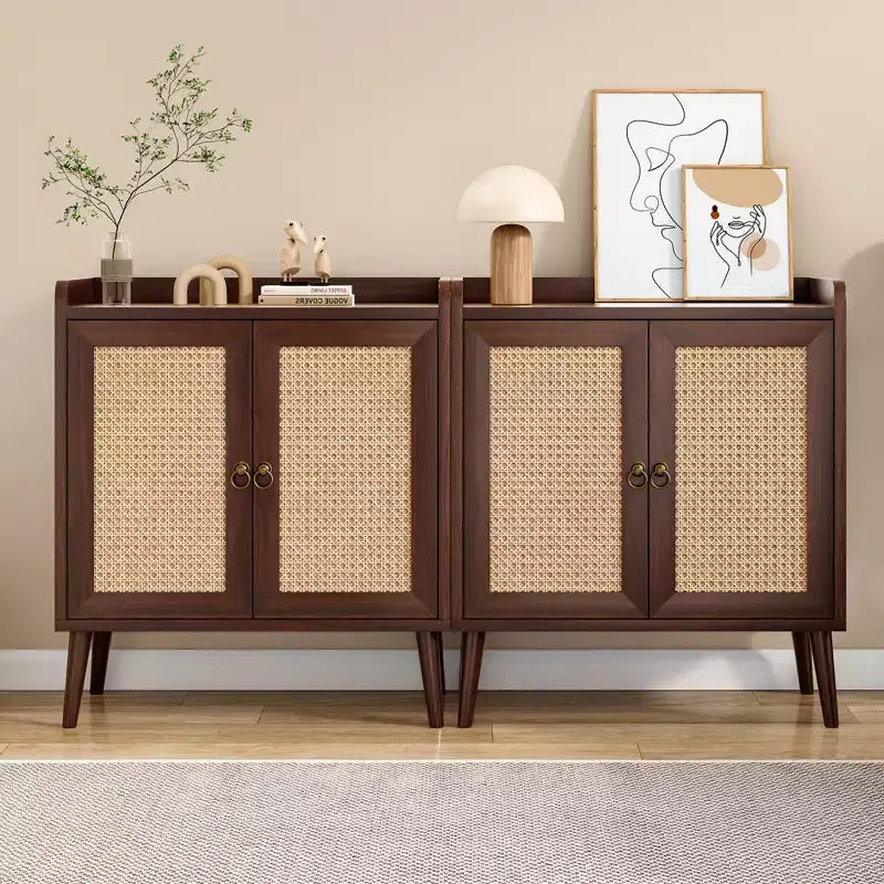 JVNOXK Sideboard Buffet Cabinet with Storage Bar Liquor Cabinet with Rattan Decorated Doors Hallway Walnut