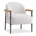 Modern Accent Chair White Comfy Chair with Teddy Fabric Wood Arms Metal Frame & Adjustable Feet Mid Century Modern Chair for Living Room