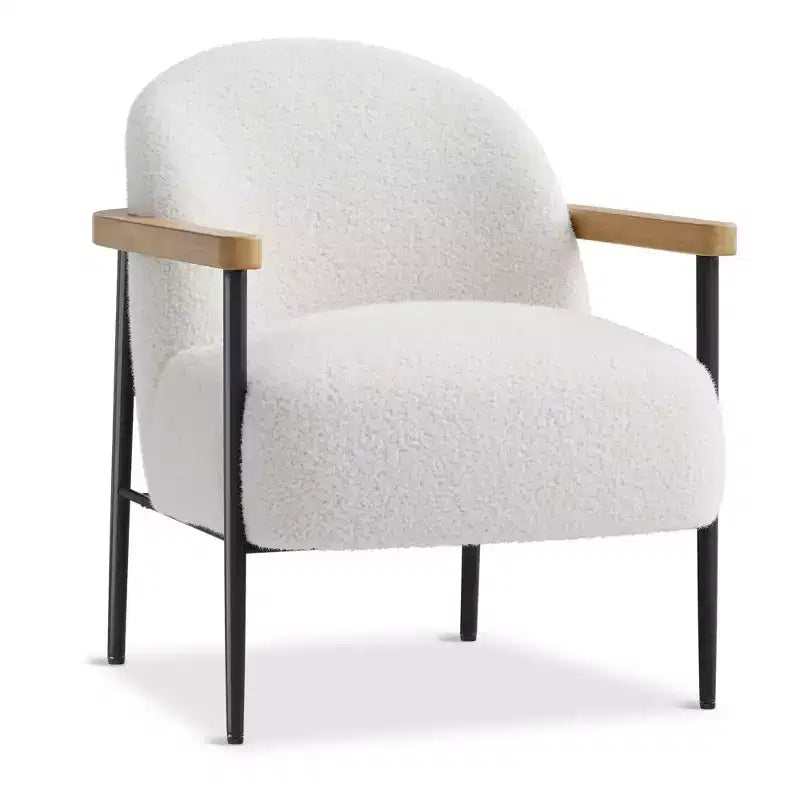 Modern Accent Chair White Comfy Chair with Teddy Fabric Wood Arms Metal Frame & Adjustable Feet Mid Century Modern Chair for Living Room