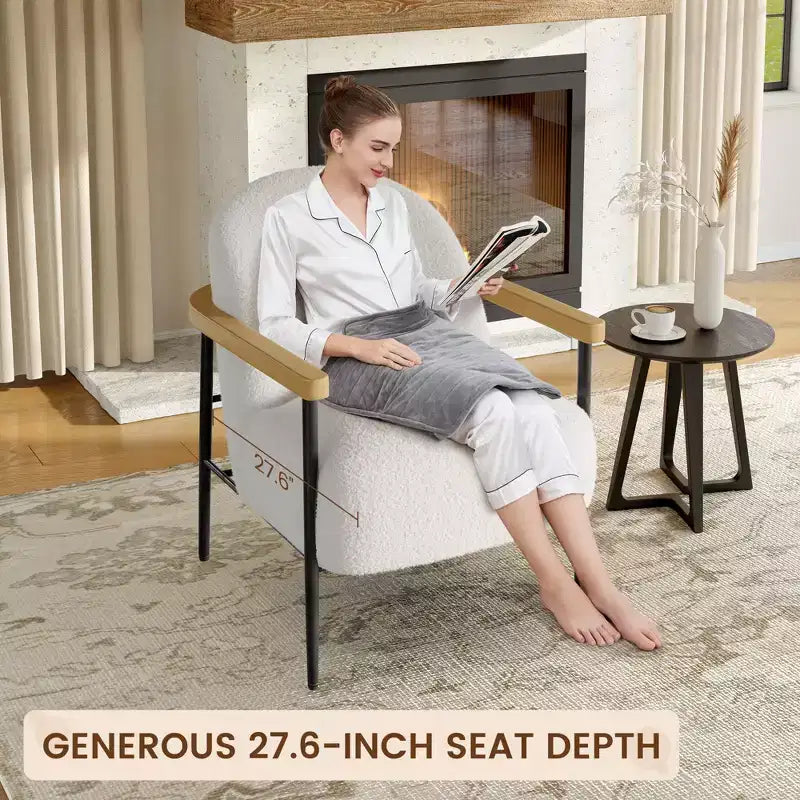 Modern Accent Chair White Comfy Chair with Teddy Fabric Wood Arms Metal Frame & Adjustable Feet Mid Century Modern Chair for Living Room