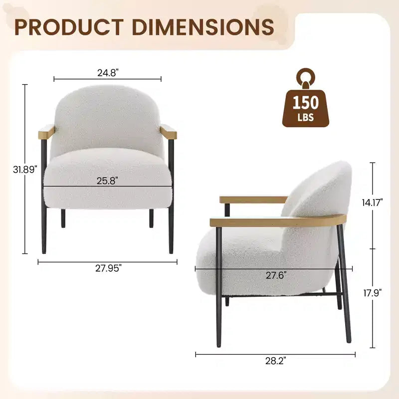 Modern Accent Chair White Comfy Chair with Teddy Fabric Wood Arms Metal Frame & Adjustable Feet Mid Century Modern Chair for Living Room