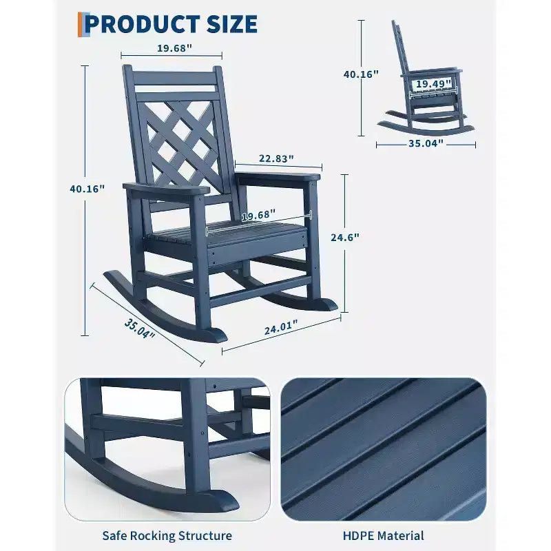 Outdoor Rocking Chair HDPE Weather Resistant Patio Rocking Chair Porch Rocker with Wood Texture & 380 LBS Support for Deck Pool Backyard