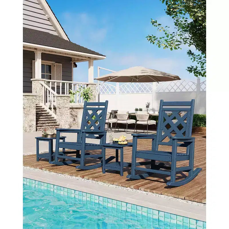 Outdoor Rocking Chair HDPE Weather Resistant Patio Rocking Chair Porch Rocker with Wood Texture & 380 LBS Support for Deck Pool Backyard