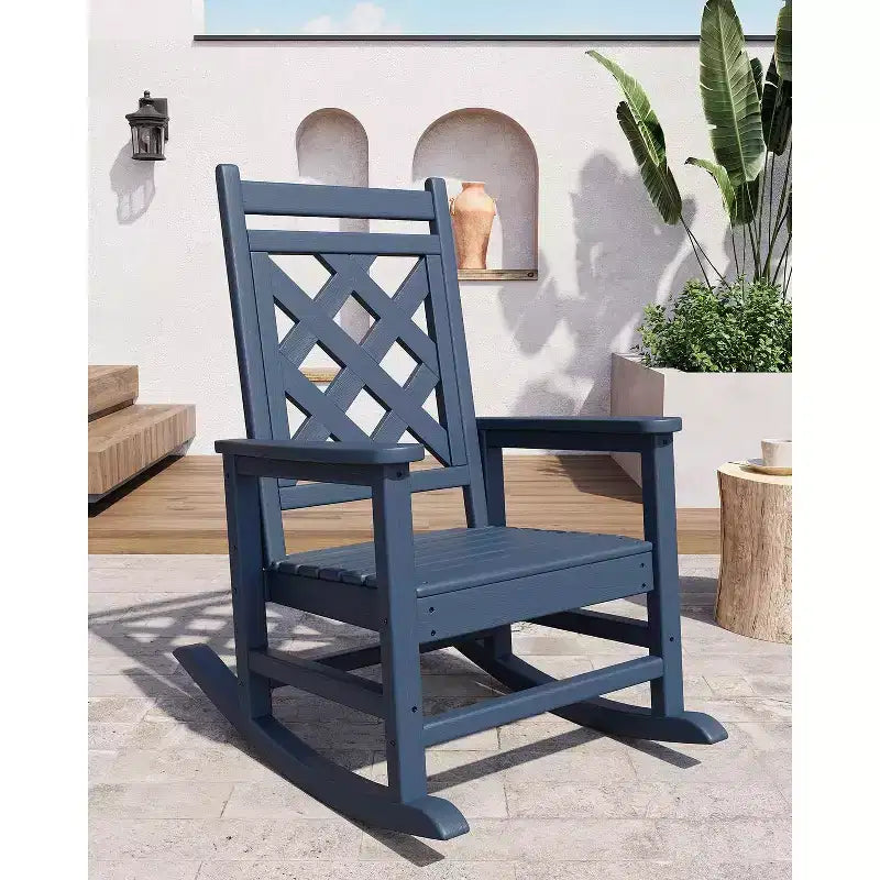 Outdoor Rocking Chair HDPE Weather Resistant Patio Rocking Chair Porch Rocker with Wood Texture & 380 LBS Support for Deck Pool Backyard
