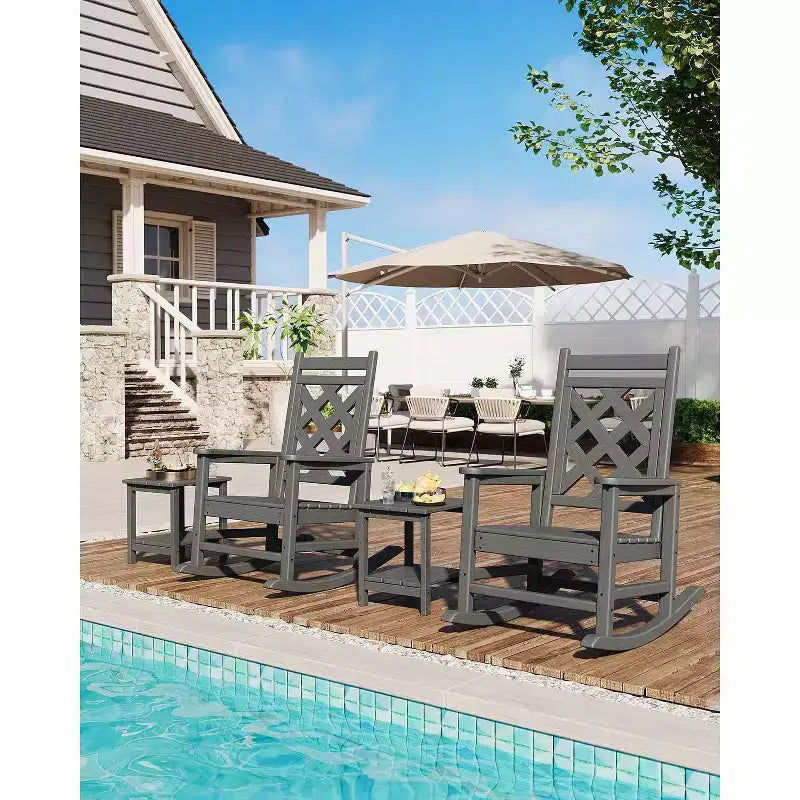 Outdoor Rocking Chair HDPE Weather Resistant Patio Rocking Chair Porch Rocker with Wood Texture & 380 LBS Support for Deck Pool Backyard