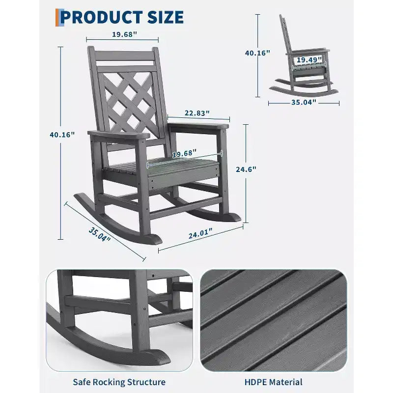 Outdoor Rocking Chair HDPE Weather Resistant Patio Rocking Chair Porch Rocker with Wood Texture & 380 LBS Support for Deck Pool Backyard