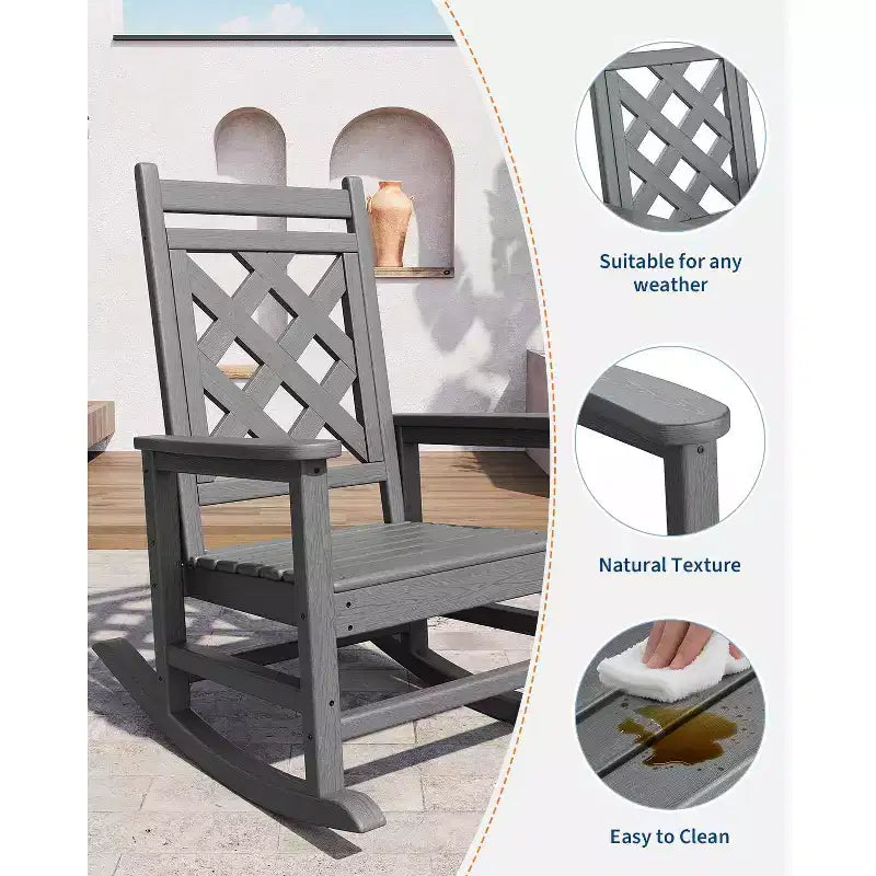 Outdoor Rocking Chair HDPE Weather Resistant Patio Rocking Chair Porch Rocker with Wood Texture & 380 LBS Support for Deck Pool Backyard