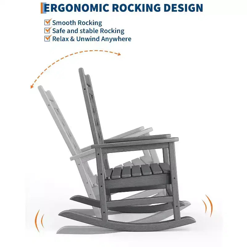 Outdoor Rocking Chair HDPE Weather Resistant Patio Rocking Chair Porch Rocker with Wood Texture & 380 LBS Support for Deck Pool Backyard