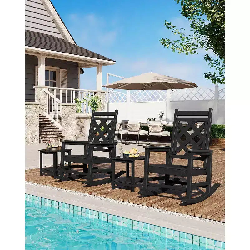 Outdoor Rocking Chair HDPE Weather Resistant Patio Rocking Chair Porch Rocker with Wood Texture & 380 LBS Support for Deck Pool Backyard
