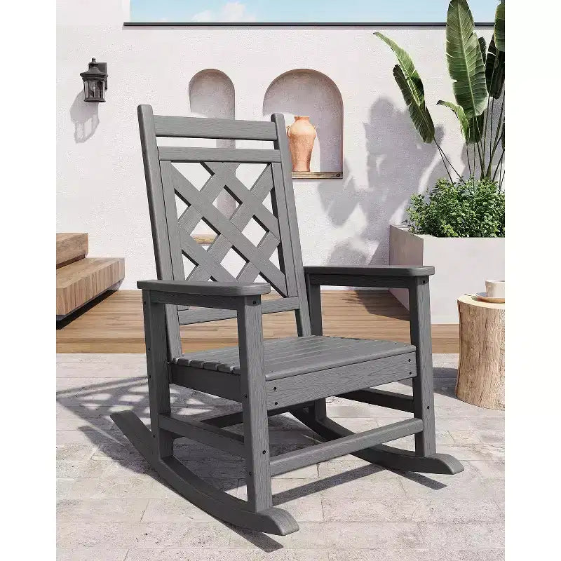 Outdoor Rocking Chair HDPE Weather Resistant Patio Rocking Chair Porch Rocker with Wood Texture & 380 LBS Support for Deck Pool Backyard