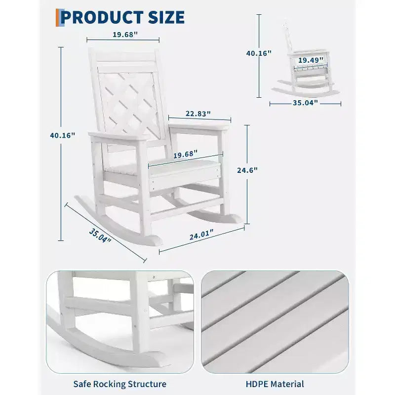 Outdoor Rocking Chair HDPE Weather Resistant Patio Rocking Chair Porch Rocker with Wood Texture & 380 LBS Support for Deck Pool Backyard