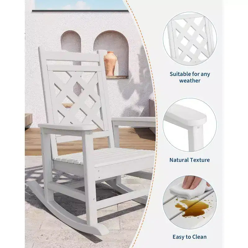 Outdoor Rocking Chair HDPE Weather Resistant Patio Rocking Chair Porch Rocker with Wood Texture & 380 LBS Support for Deck Pool Backyard