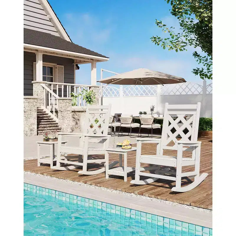 Outdoor Rocking Chair HDPE Weather Resistant Patio Rocking Chair Porch Rocker with Wood Texture & 380 LBS Support for Deck Pool Backyard