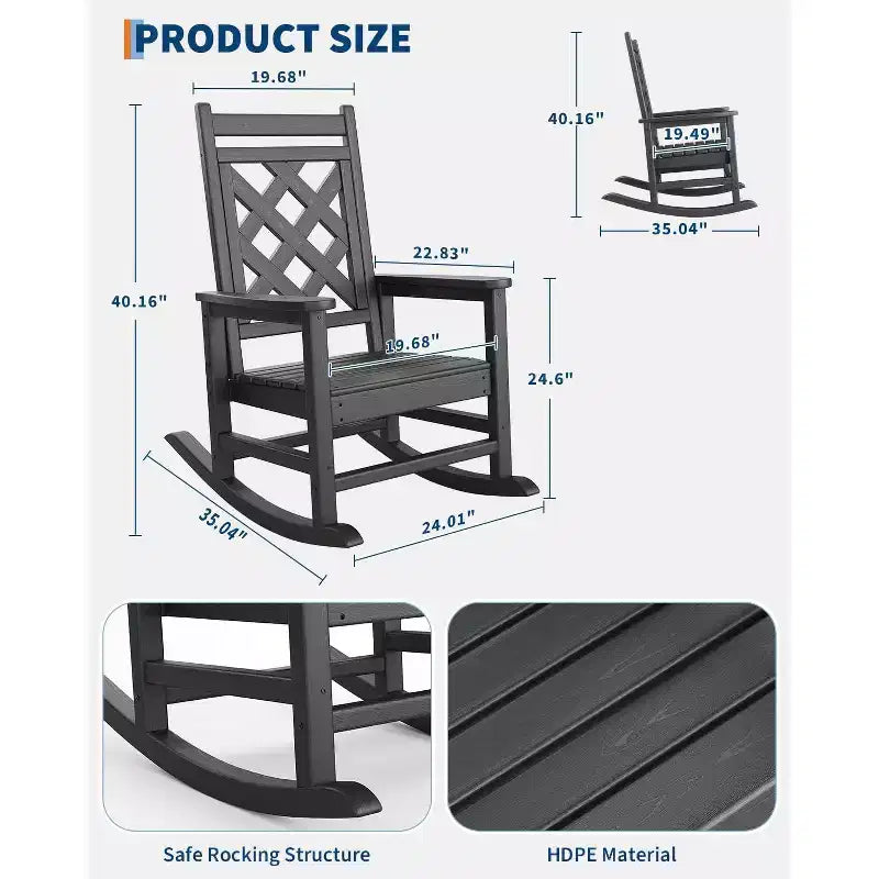 Outdoor Rocking Chair HDPE Weather Resistant Patio Rocking Chair Porch Rocker with Wood Texture & 380 LBS Support for Deck Pool Backyard