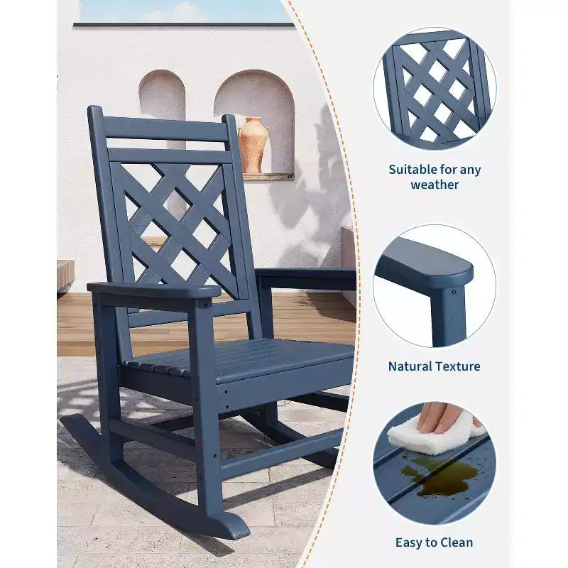 Outdoor Rocking Chair HDPE Weather Resistant Patio Rocking Chair Porch Rocker with Wood Texture & 380 LBS Support for Deck Pool Backyard
