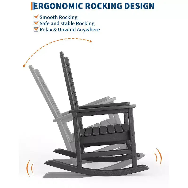 Outdoor Rocking Chair HDPE Weather Resistant Patio Rocking Chair Porch Rocker with Wood Texture & 380 LBS Support for Deck Pool Backyard