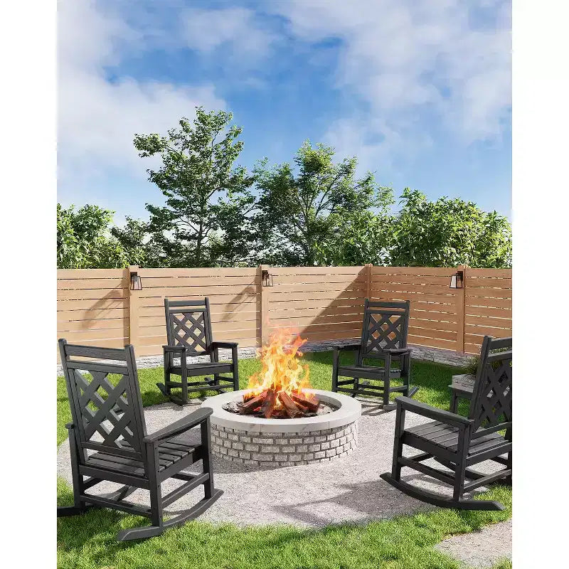 Outdoor Rocking Chair HDPE Weather Resistant Patio Rocking Chair Porch Rocker with Wood Texture & 380 LBS Support for Deck Pool Backyard