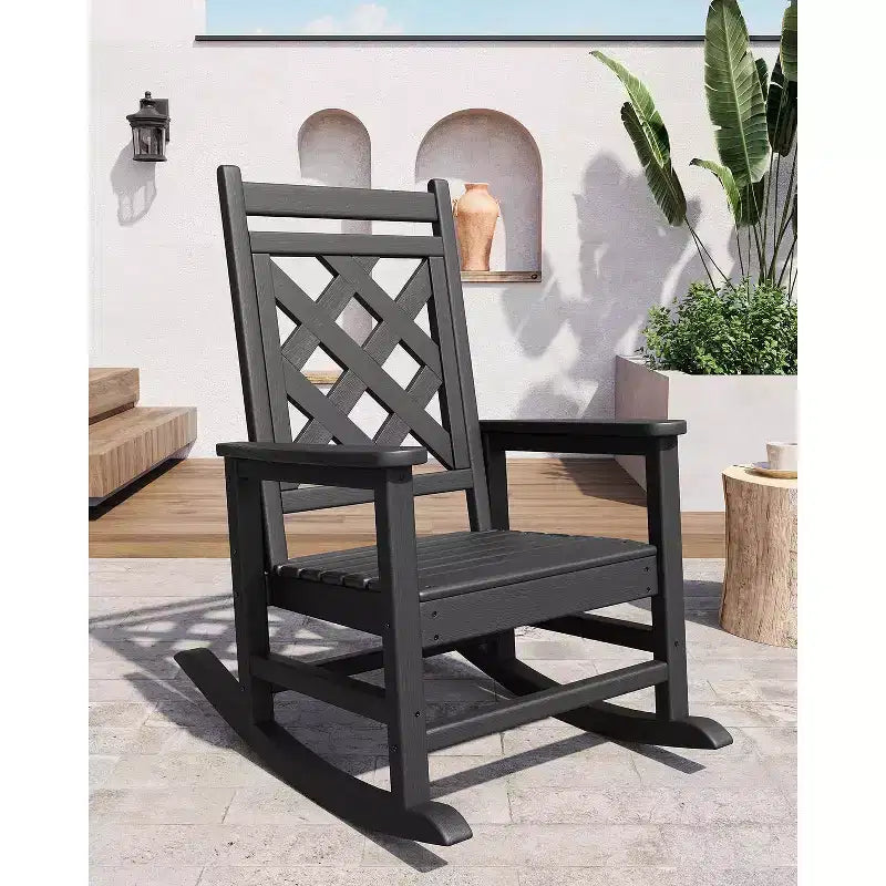 Outdoor Rocking Chair HDPE Weather Resistant Patio Rocking Chair Porch Rocker with Wood Texture & 380 LBS Support for Deck Pool Backyard