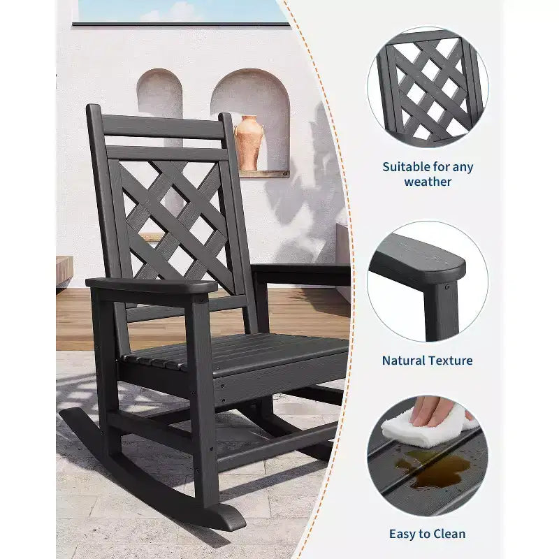 Outdoor Rocking Chair HDPE Weather Resistant Patio Rocking Chair Porch Rocker with Wood Texture & 380 LBS Support for Deck Pool Backyard