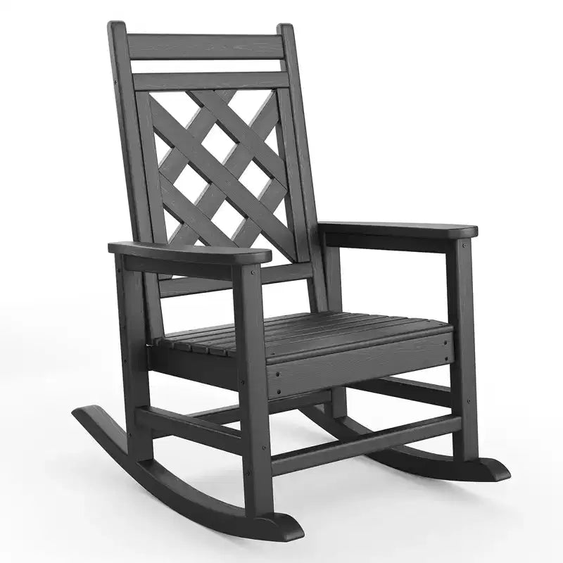 Outdoor Rocking Chair HDPE Weather Resistant Patio Rocking Chair Porch Rocker with Wood Texture & 380 LBS Support for Deck Pool Backyard