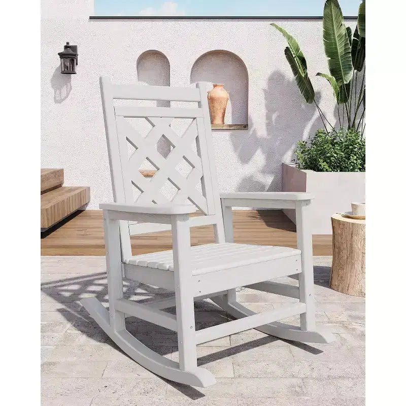 Outdoor Rocking Chair HDPE Weather Resistant Patio Rocking Chair Porch Rocker with Wood Texture & 380 LBS Support for Deck Pool Backyard
