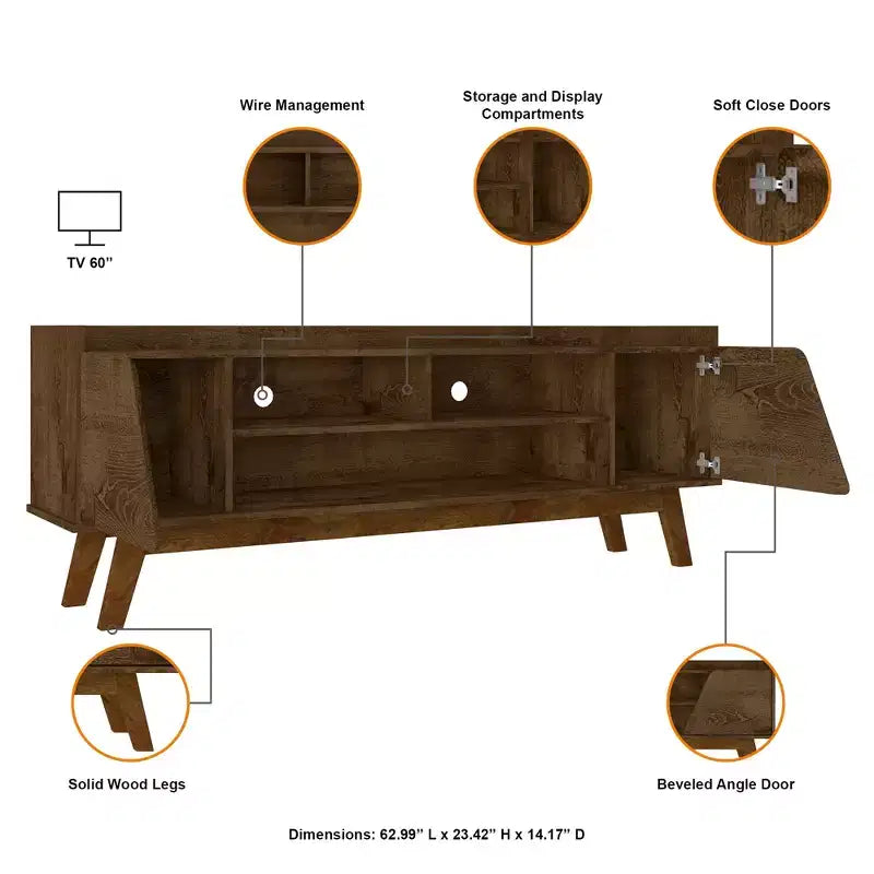 GDFStudio Elberton 63 Mid-Century Modern TV Stand with Soft Close Doors