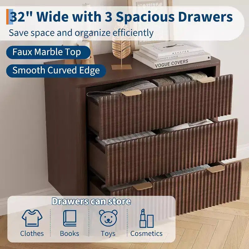 COZONY Modern Nightstands Set of 2 Fluted Bedside Tables with Faux Marble Top and 3 Drawers for Bedroom and Living Room