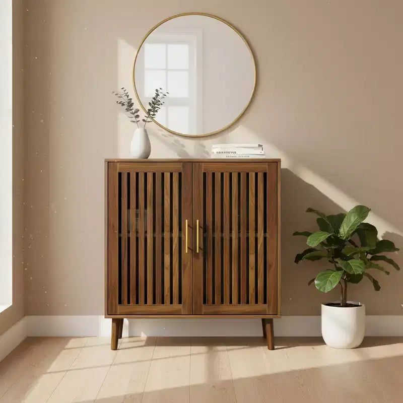 Homy Casa Modern Slatted 2-Door Storage Cabinet with MDF & Particle Board Construction Accent Sideboard for Living Room & Entryway Walnut
