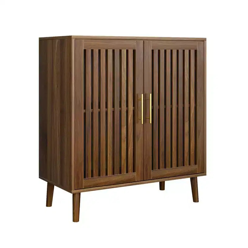 Homy Casa Modern Slatted 2-Door Storage Cabinet with MDF & Particle Board Construction Accent Sideboard for Living Room & Entryway Walnut