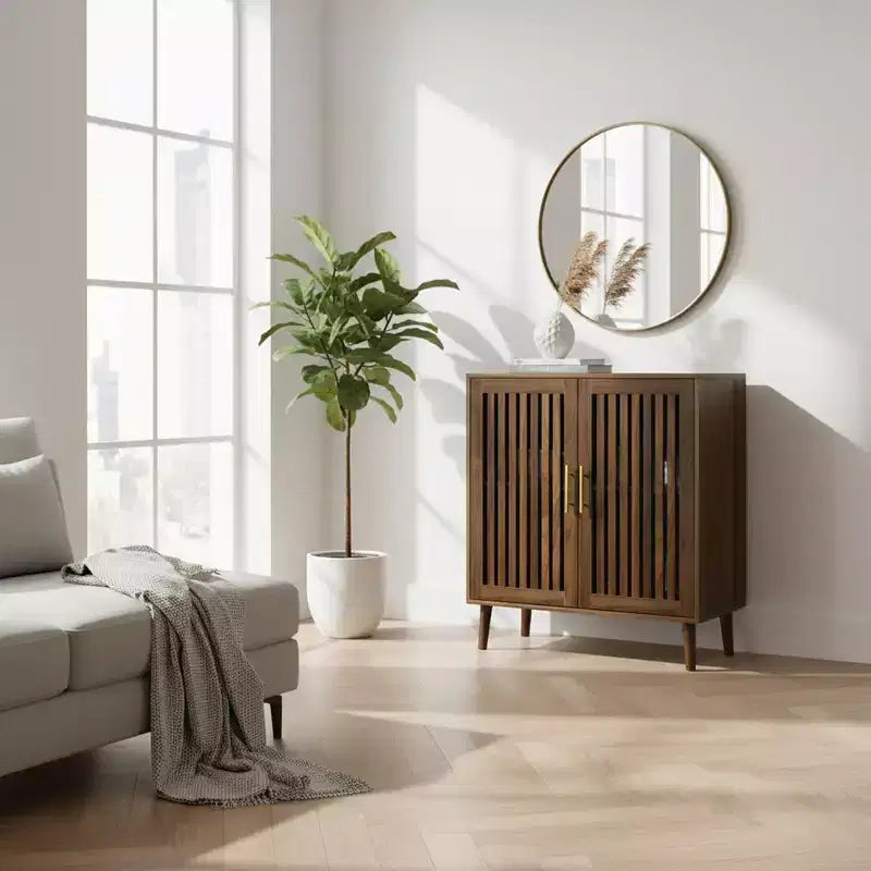 Homy Casa Modern Slatted 2-Door Storage Cabinet with MDF & Particle Board Construction Accent Sideboard for Living Room & Entryway Walnut