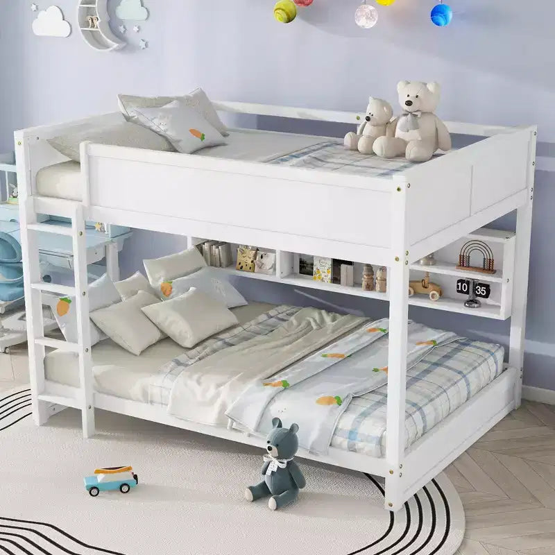 MAYEERTY Queen Over Queen Bunk Bed with Built in Storage Cabinets Charging Station Ladder Guardrails Solid Pine Wood Bunk Bed White