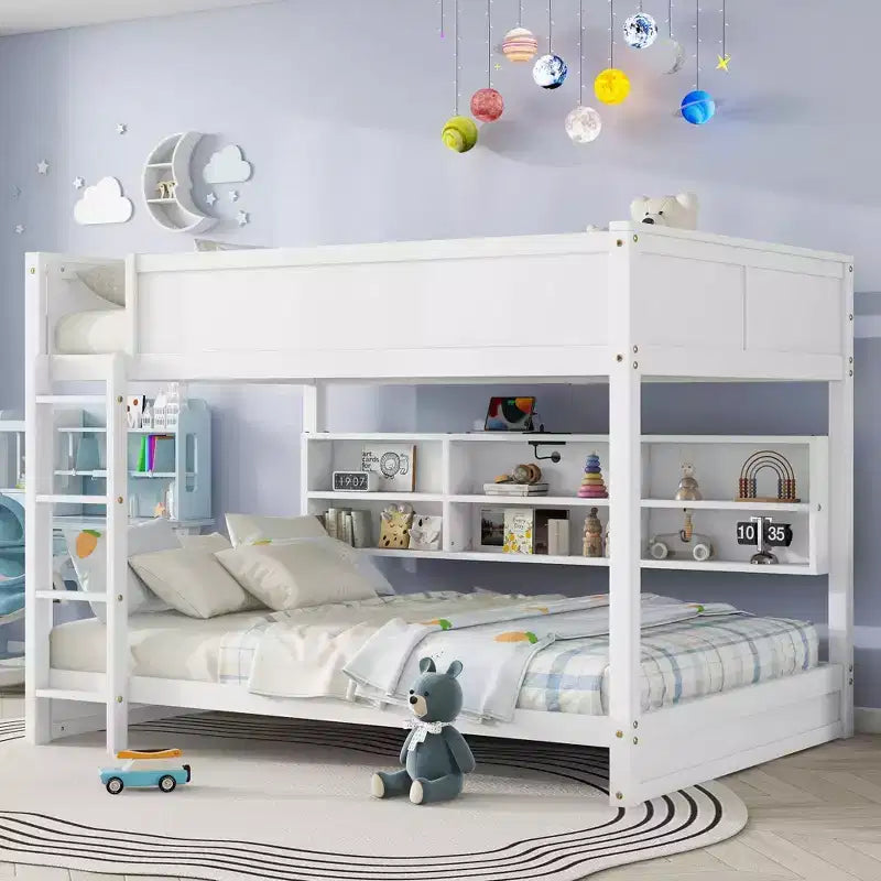 MAYEERTY Queen Over Queen Bunk Bed with Built in Storage Cabinets Charging Station Ladder Guardrails Solid Pine Wood Bunk Bed White