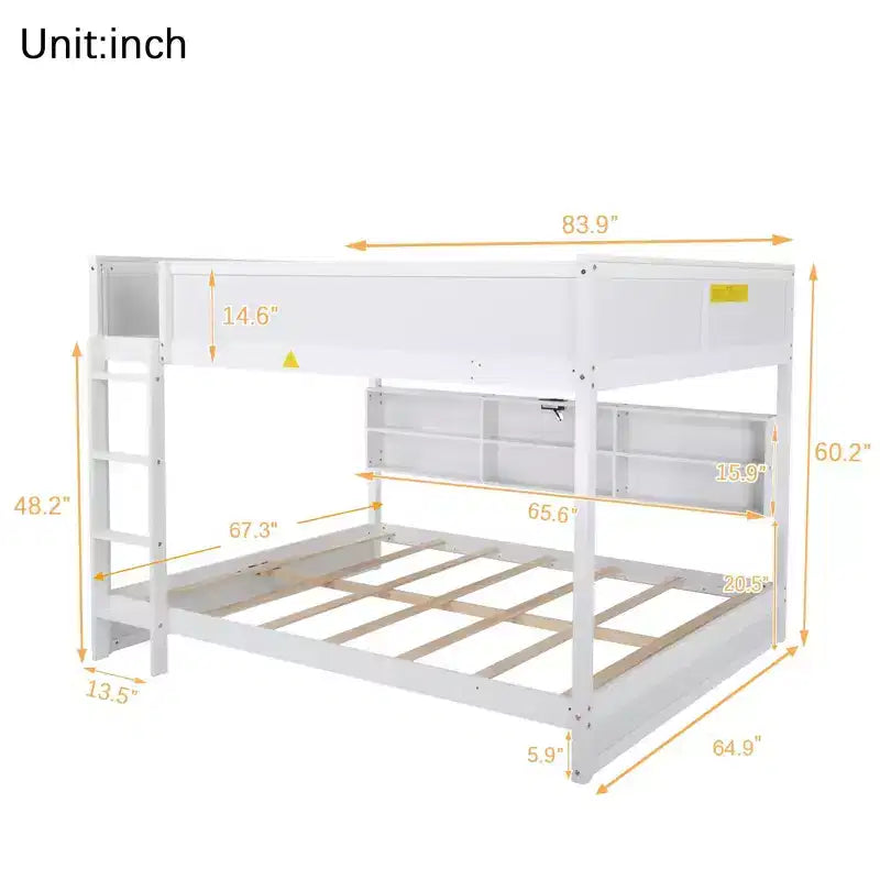 MAYEERTY Queen Over Queen Bunk Bed with Built in Storage Cabinets Charging Station Ladder Guardrails Solid Pine Wood Bunk Bed White