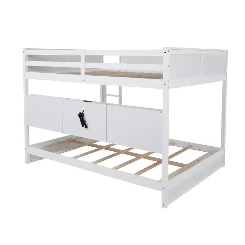MAYEERTY Queen Over Queen Bunk Bed with Built in Storage Cabinets Charging Station Ladder Guardrails Solid Pine Wood Bunk Bed White