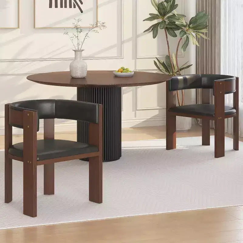 Set of 2 Mid-Century Modern Dining Chairs PU Leather Upholstered with Curved Backrest & Rubber Wood Frame Stylish Kitchen Accent Chairs