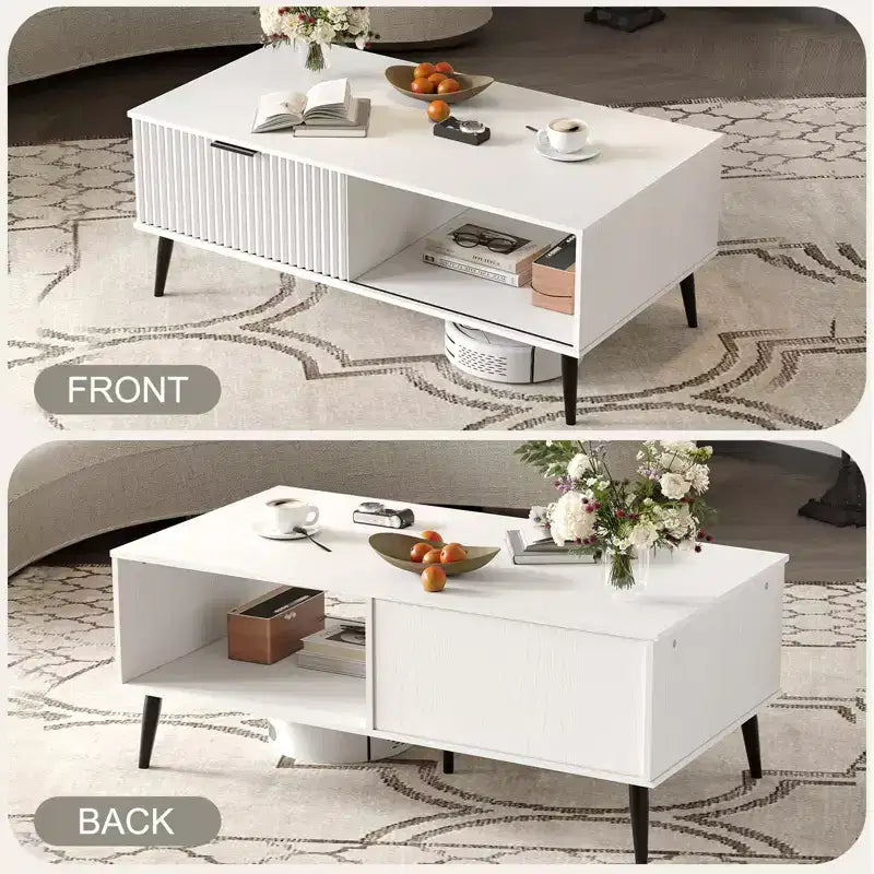 Farmhouse Center TableFluted Sliding Door & Wooden Tabletop for Home Apartment Office