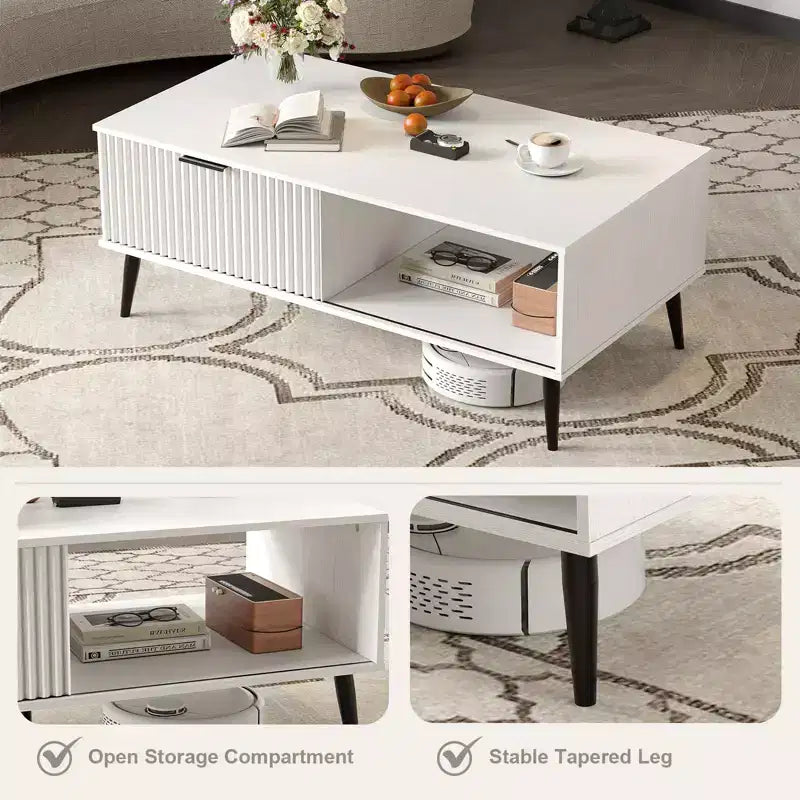Farmhouse Center TableFluted Sliding Door & Wooden Tabletop for Home Apartment Office