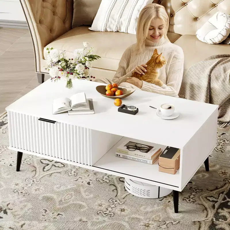 Farmhouse Center TableFluted Sliding Door & Wooden Tabletop for Home Apartment Office