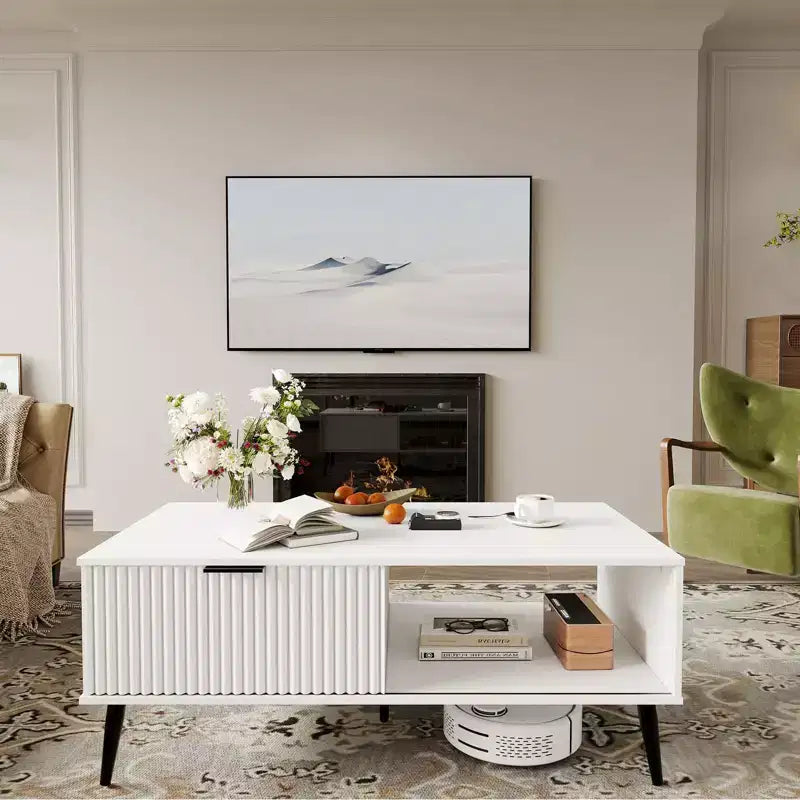 Farmhouse Center TableFluted Sliding Door & Wooden Tabletop for Home Apartment Office