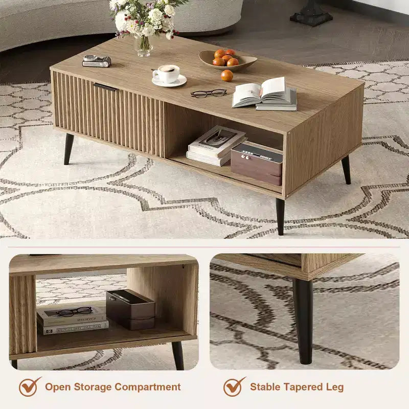 Farmhouse Center TableFluted Sliding Door & Wooden Tabletop for Home Apartment Office