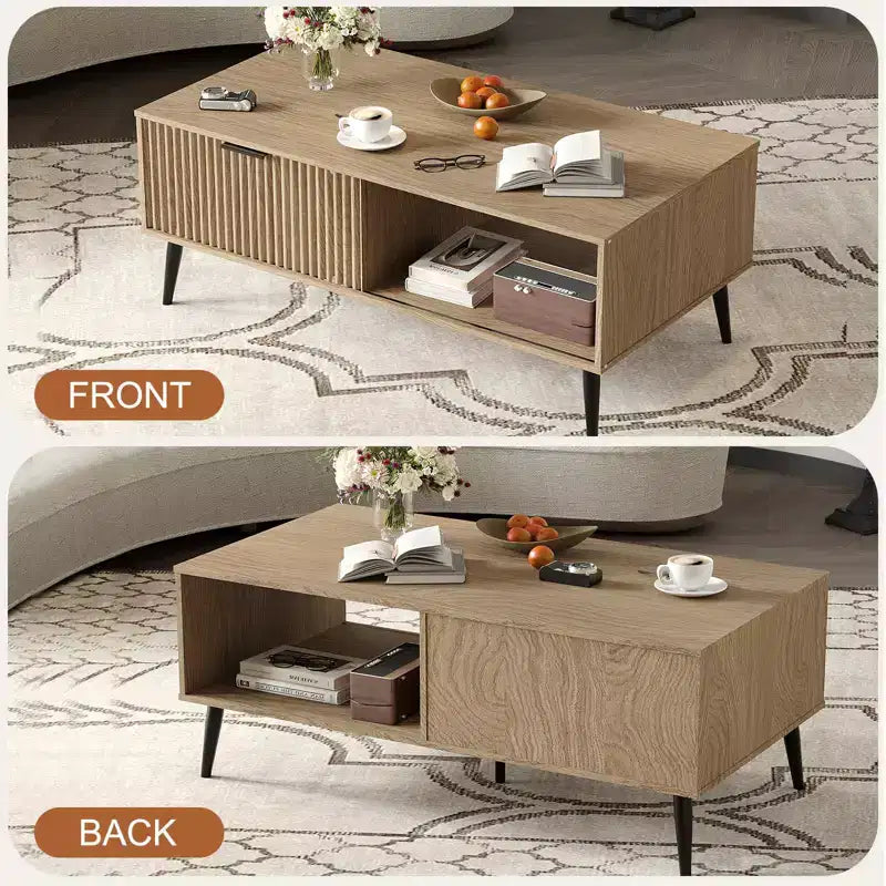 Farmhouse Center TableFluted Sliding Door & Wooden Tabletop for Home Apartment Office