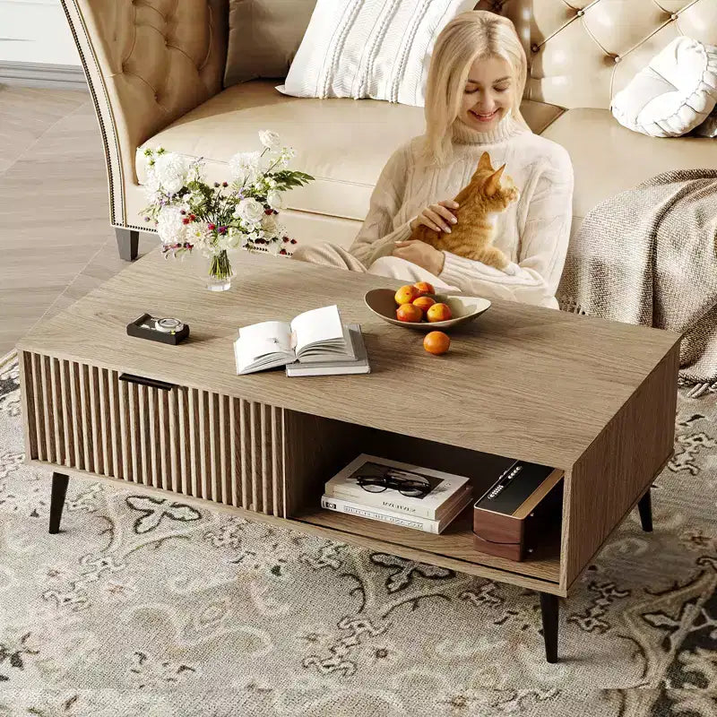 Farmhouse Center TableFluted Sliding Door & Wooden Tabletop for Home Apartment Office
