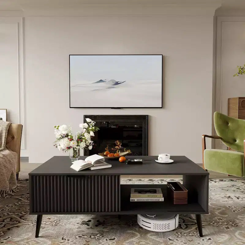 Farmhouse Center TableFluted Sliding Door & Wooden Tabletop for Home Apartment Office