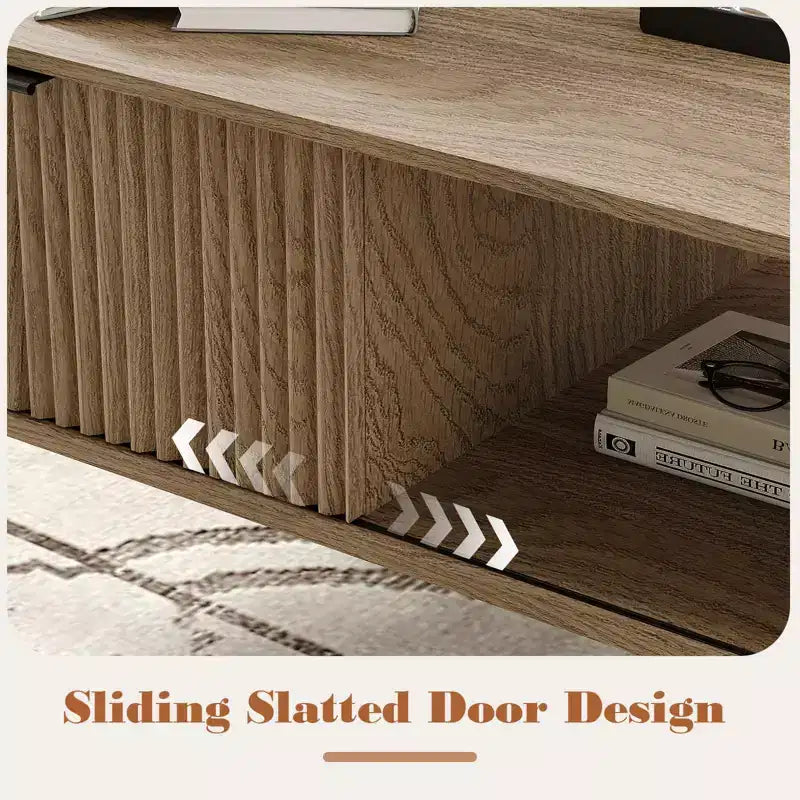 Farmhouse Center TableFluted Sliding Door & Wooden Tabletop for Home Apartment Office