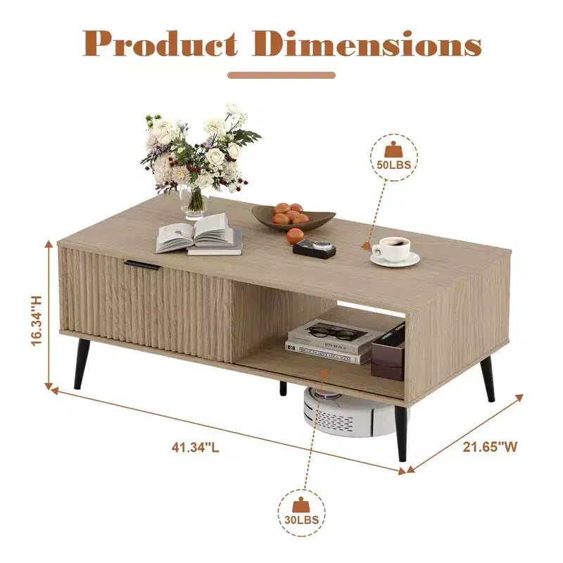 Farmhouse Center TableFluted Sliding Door & Wooden Tabletop for Home Apartment Office