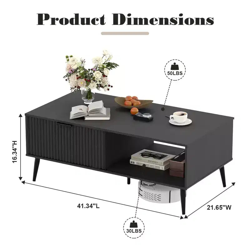 Farmhouse Center TableFluted Sliding Door & Wooden Tabletop for Home Apartment Office