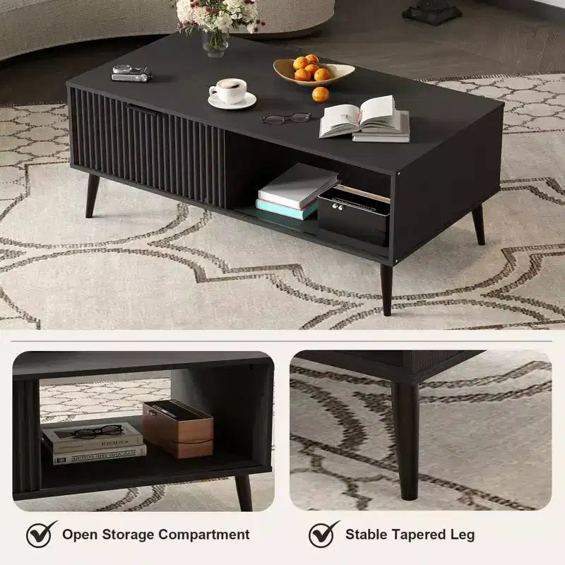 Farmhouse Center TableFluted Sliding Door & Wooden Tabletop for Home Apartment Office