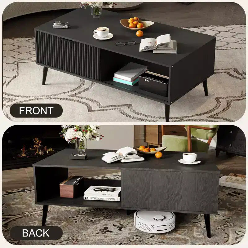Farmhouse Center TableFluted Sliding Door & Wooden Tabletop for Home Apartment Office